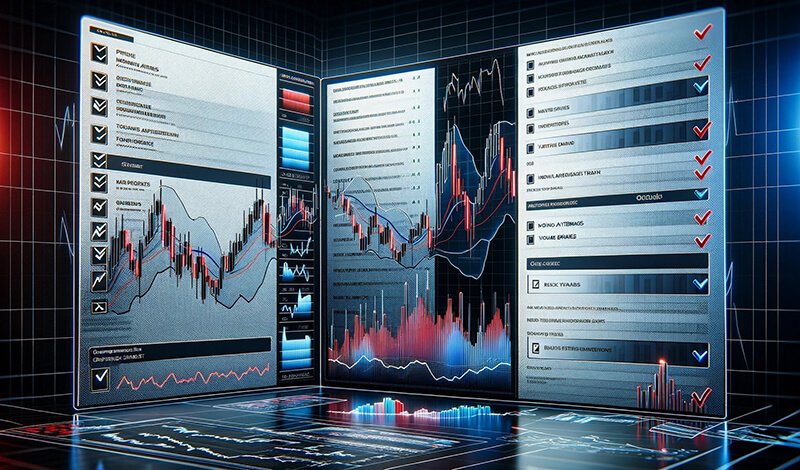 A trader's desk with monitors displaying financial charts and analytics, emphasizing strategy.